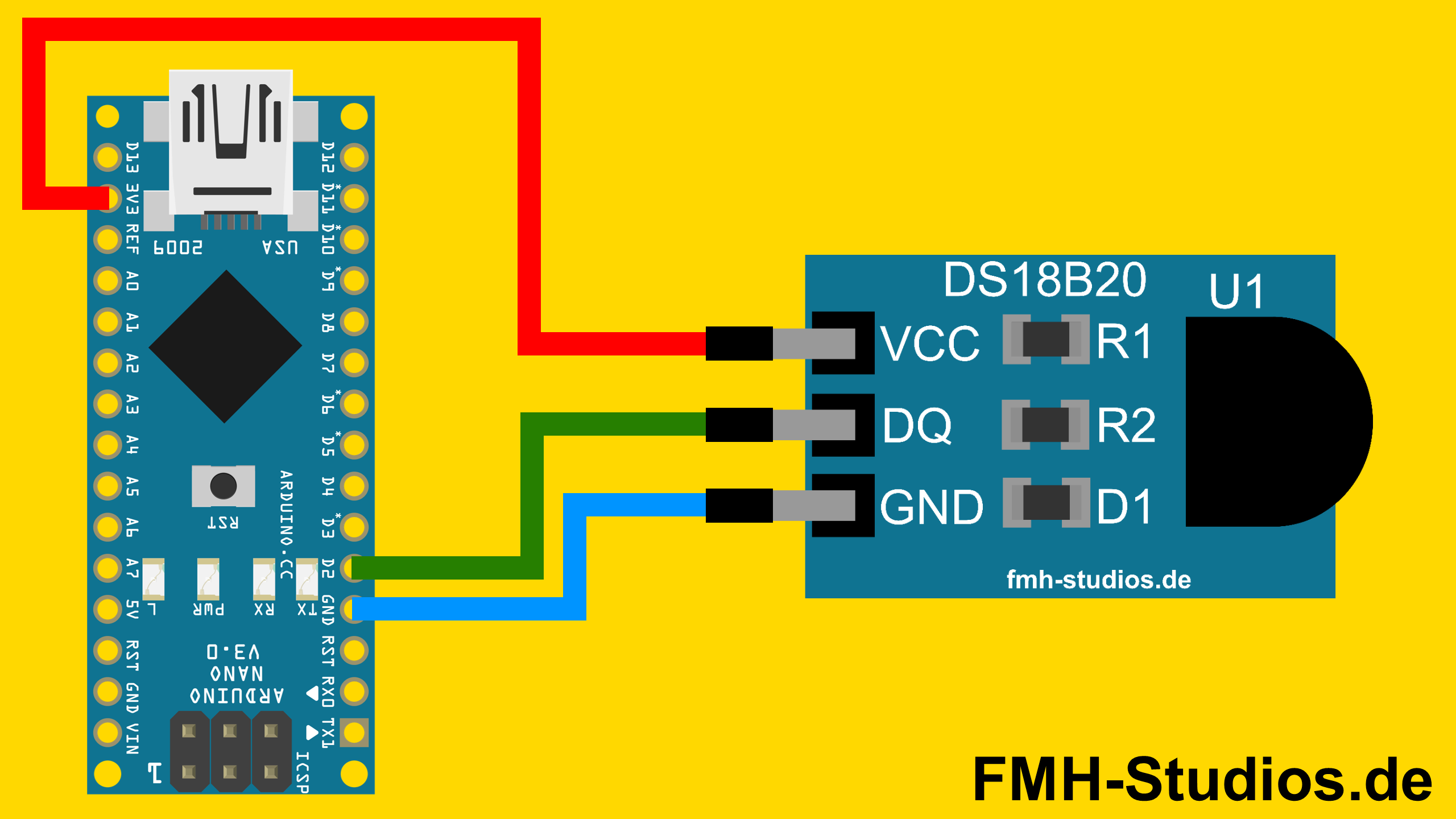 Hardware Aufbau / Verkabelung - Nano - Uno - Arduino - Temperatursensor - DS18B20 - Tutorial
