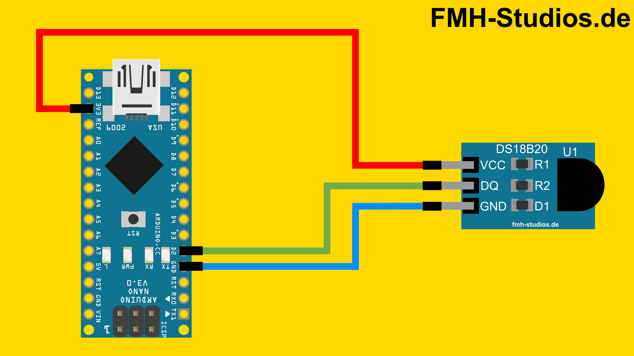 Mikrocontroller - Arduino Nano - DS18B20 - Tutorial - Temperatursensor - Temperaturmessung - DIY - Hardware Aufbau - Verkabelung - Schaltungsaufbau - Bauteile - Arduino mit DS18B20 verbinden