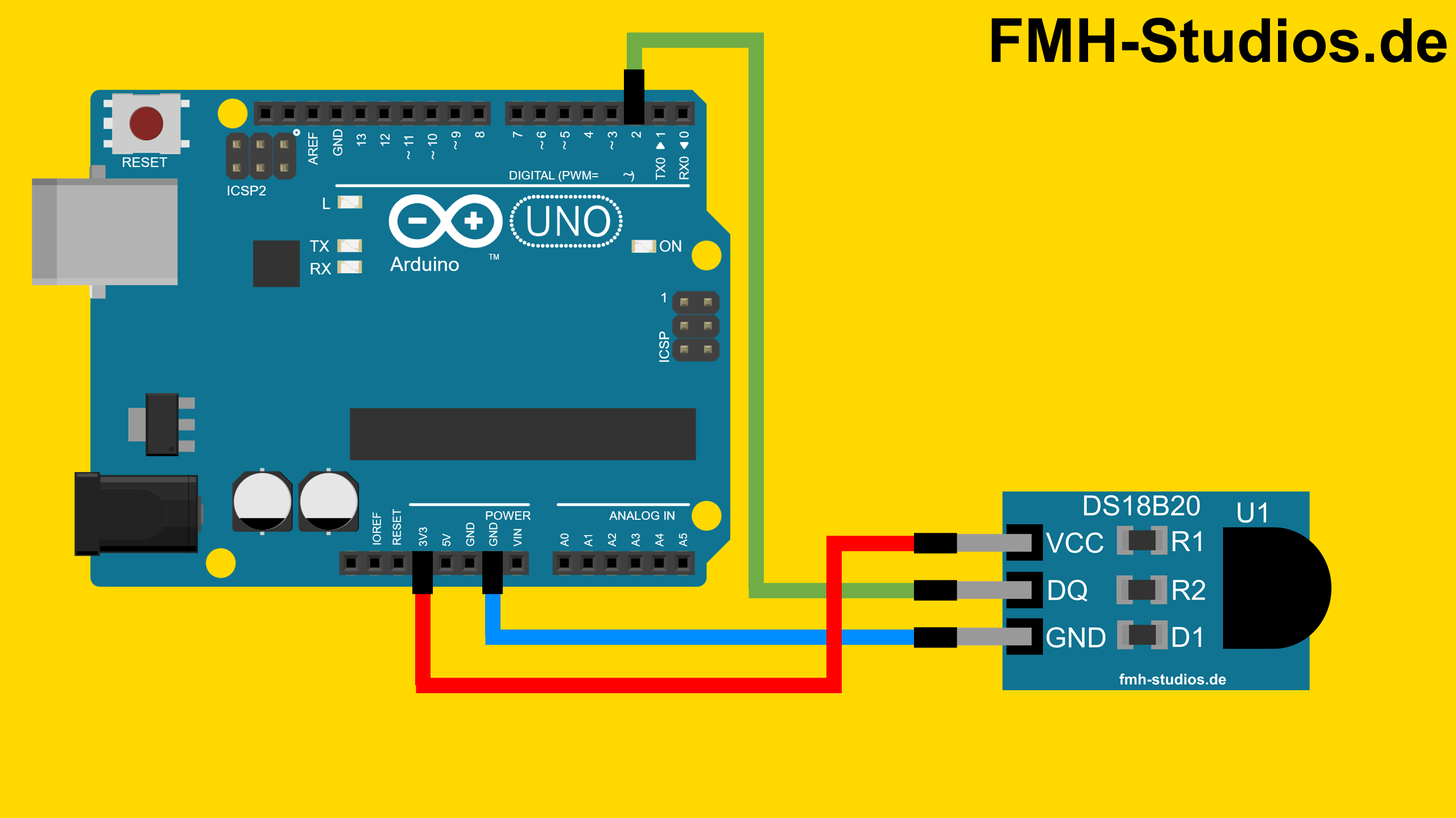 Hardware Aufbau / Verkabelung für den Temperatursensor DS18B20 mit dem Arduino Nano / Uno Hardware Aufbau / Verkabelung - Nano - Uno - Arduino - Temperatursensor - DS18B20 - Tutorial