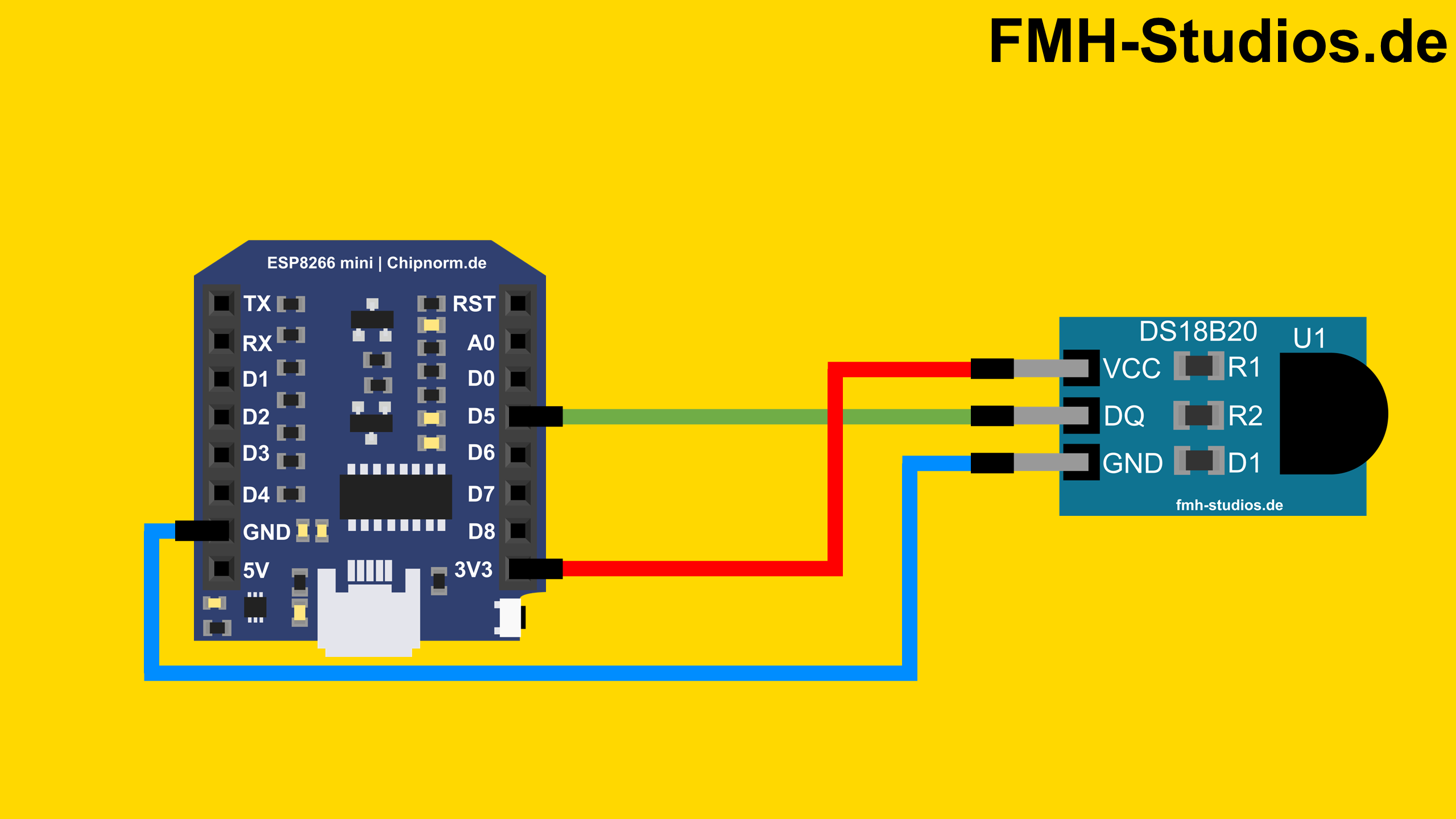 Der Hardware Aufbau / Verkabelung / Schaltungsaufbau des ESP8266 mit dem DS18B20 Tutorial Mikrocontroller - ESP8266 - Tutorial - Temperatursensor - Temperatur - DS18B20 - Hardware Aufbau - Verkabelung - Schaltungsaufbau