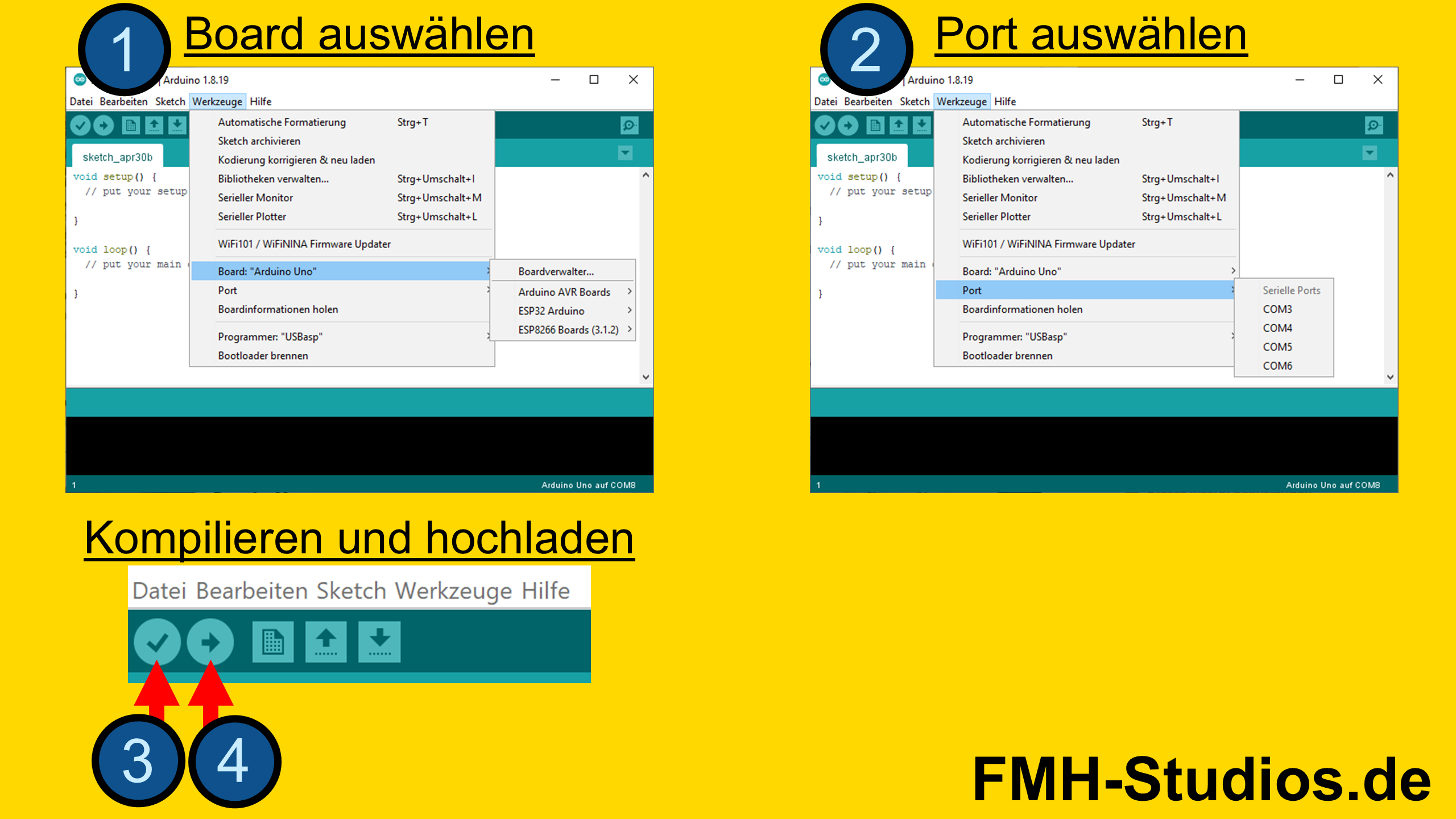 Mikrocontroller - ESP8266 - Tutorial - Temperatursensor - Temperatur - DS18B20 - Arduino IDE - Kompilieren - Hochladen
