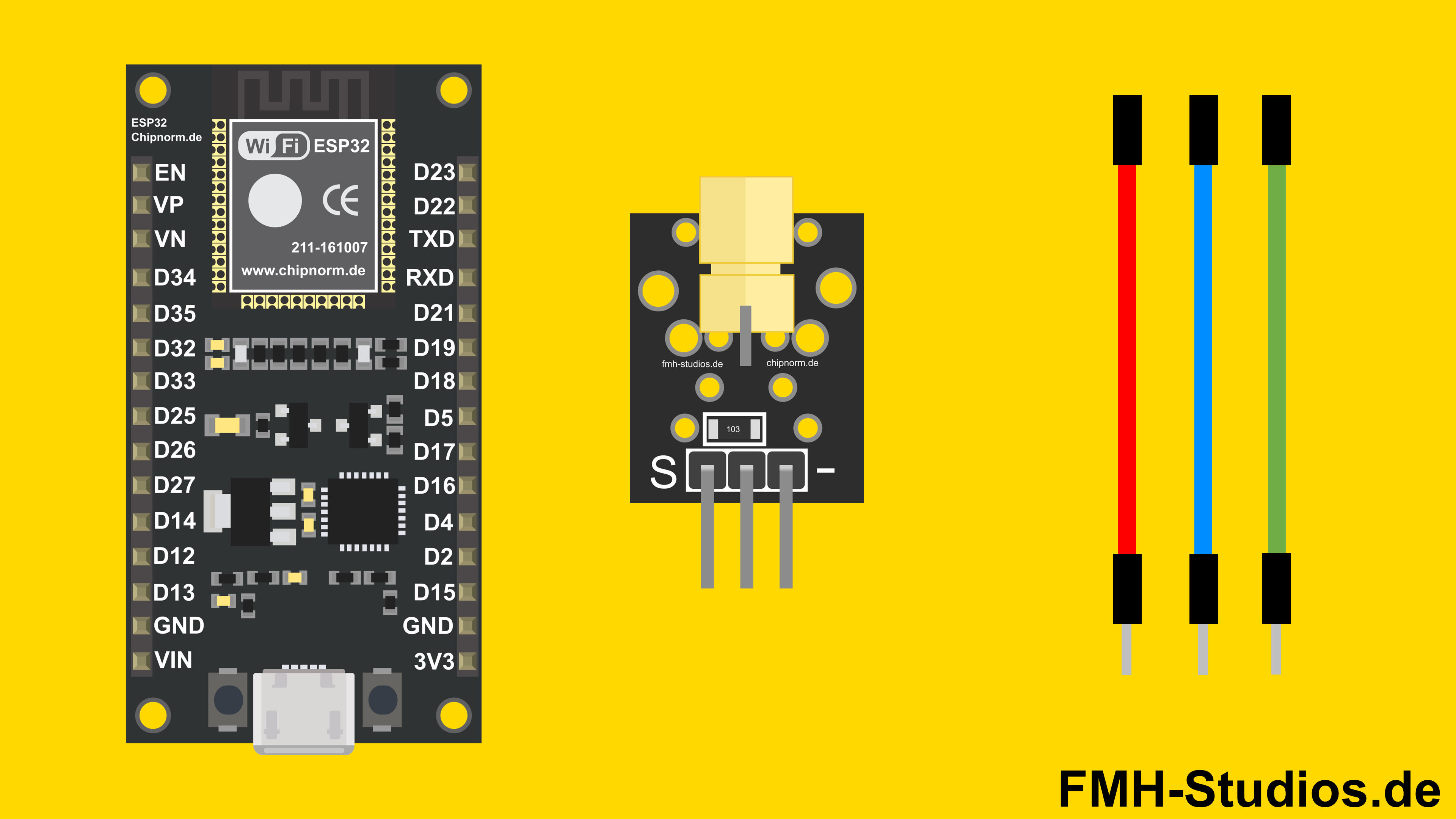 Bauteile für Laser-Modul KY-008 und ESP32 Projekte Mikrocontroller, ESP32, Laser-Modul KY-008, Tutorial, Laser, Sensor - Lasermodul, Laserdiode, Laserpointer, KY008, Laser-Emitter, Roter Laser, Lasersensor - Übersicht - Bauteile - Komponentenliste, Benötigte Teile
