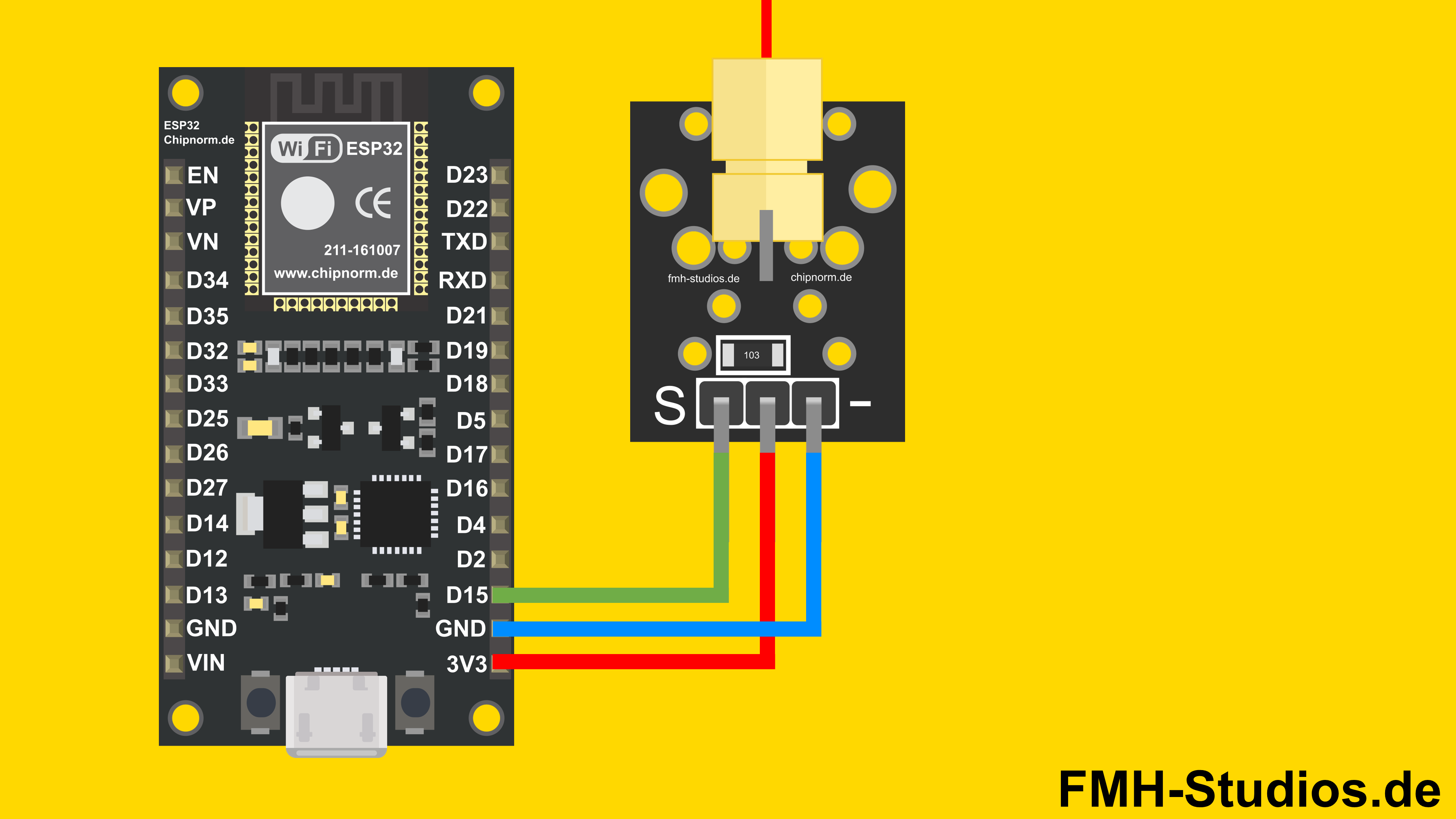 Hardware-Aufbau und Verkabelung von Laser-Modul KY-008 und ESP32 Mikrocontroller, ESP32, Laser-Modul KY-008, Tutorial, Laser, Sensor - Lasermodul, Laserdiode, Laserpointer, KY008, Laser-Emitter, Roter Laser, Lasersensor - Hardware Aufbau - Verkabelung - Schaltungsaufbau - Bauteile - Schaltplan, Verdrahtung Laser-Modul ESP32