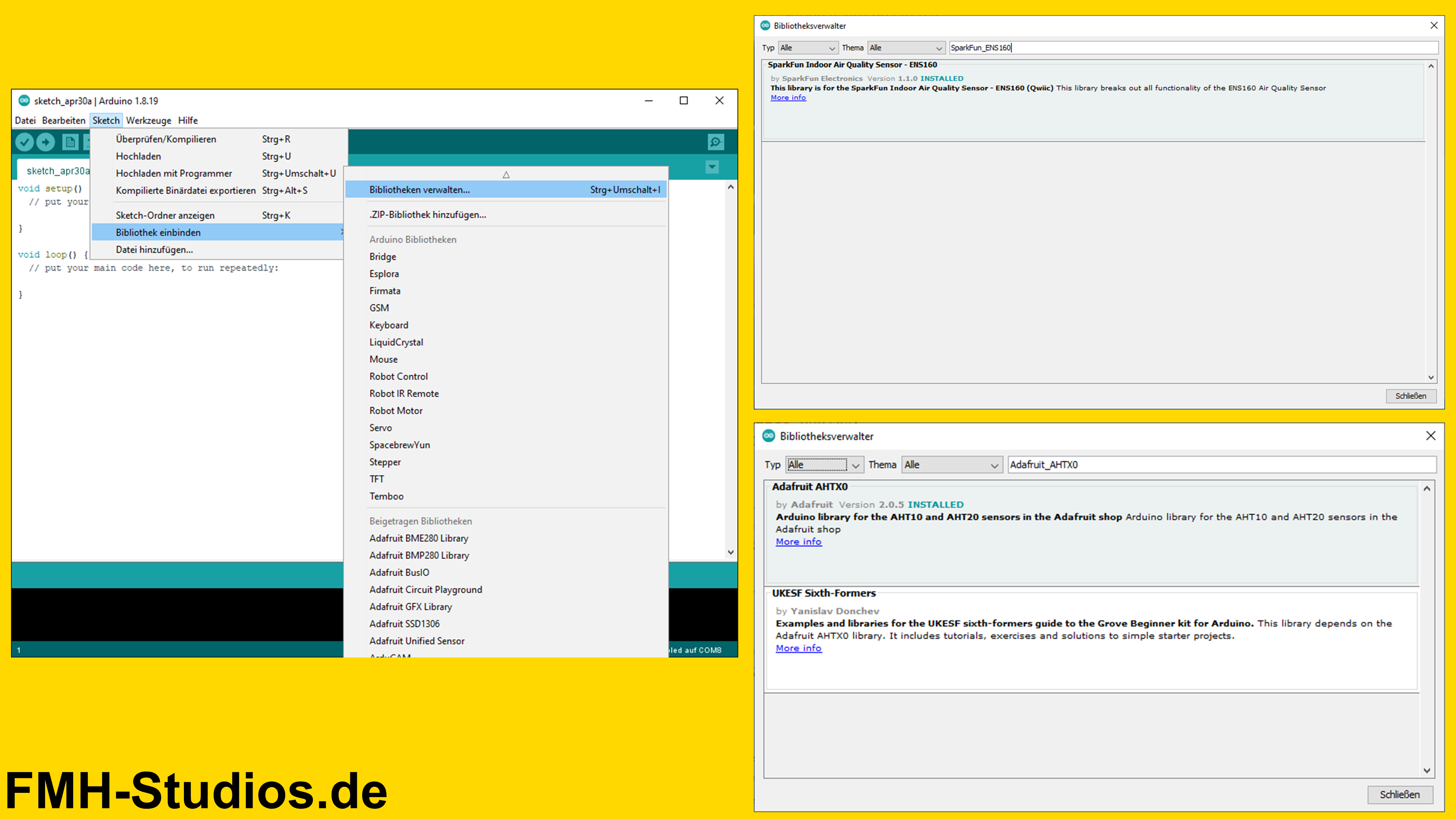 Screenshots der Bibliotheken für ESP32 und ENS160 Mikrocontroller - ESP32 - ENS160 - AHT21 - Tutorial - CO2-Messung - Luftqualität - eCO2 - VOC - Gassensor - Umweltsensorik - Innenraumluft - Bibliotheken - library - Arduino IDE - Softwareinstallation