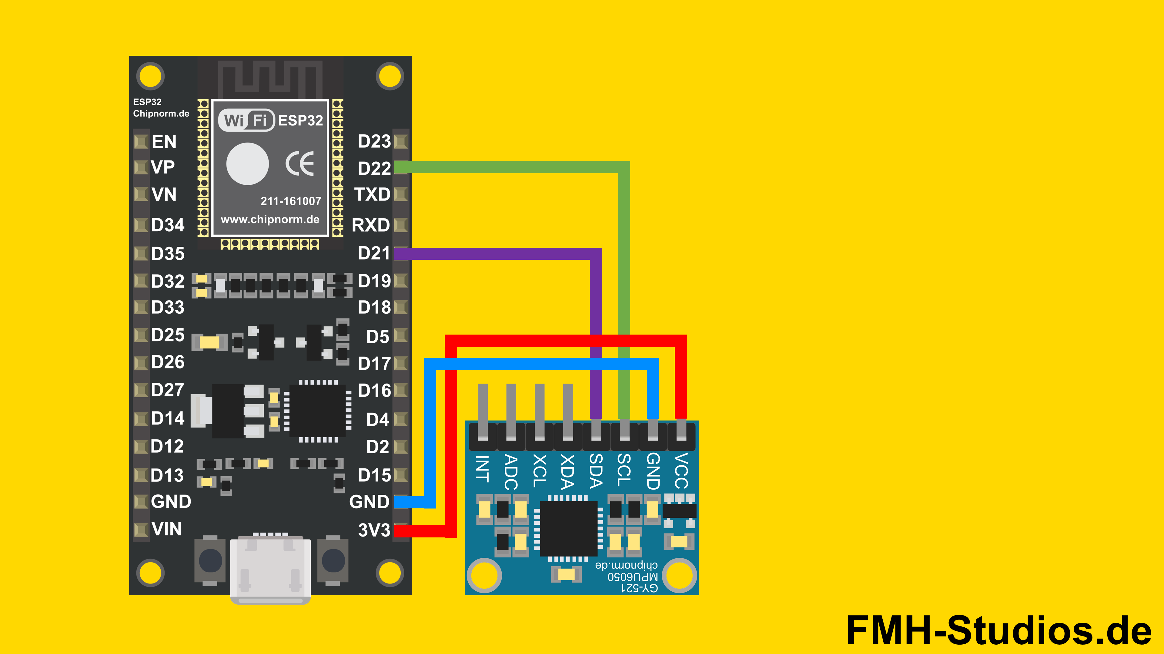 Mikrocontroller - ESP32 - GY-521 MPU6050 - Tutorial - Lagesensor - 6-Achsen-IMU - Beschleunigungssensor - Gyroskop - 3-Achsen-Gyroskop - Kippsensor - Bewegungssensor - Trägheitssensor - Neigungssensor - I2C - Hardware Aufbau - Verkabelung - Schaltungsaufbau - Bauteile - Schaltplan - Verdrahtung