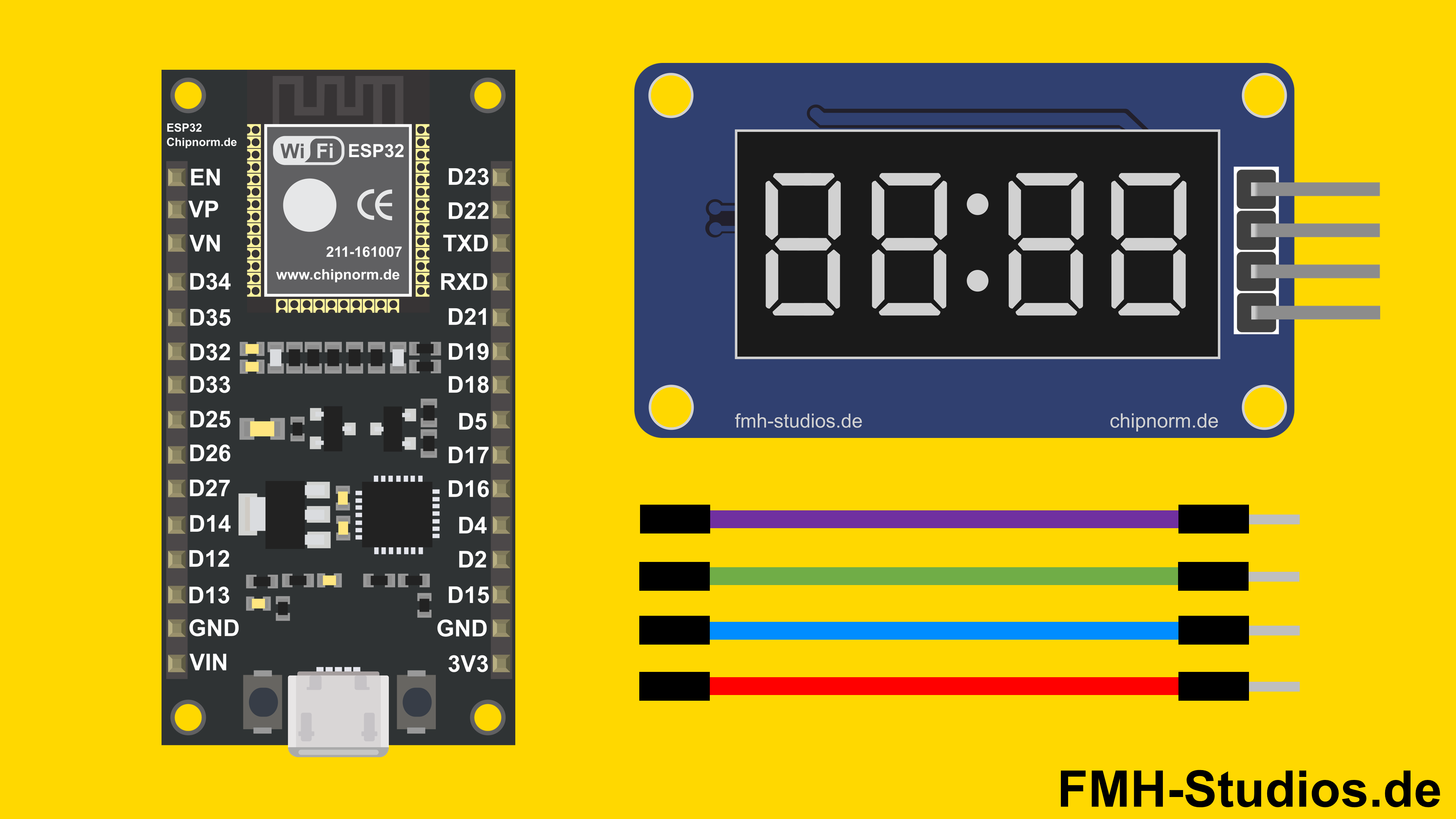 Mikrocontroller - ESP32 - 4x7Segment-Modul TM1637 - Tutorial - 7 Segment - 4 digit display - 7-Segment-Anzeige - Vierstelliges Display - Sieben-Segment-Anzeige - LED-Display - TM1637-Controller - Display-Modul - Ziffernanzeige - Übersicht - Bauteile - Einkaufsliste - Jumper-Kabel