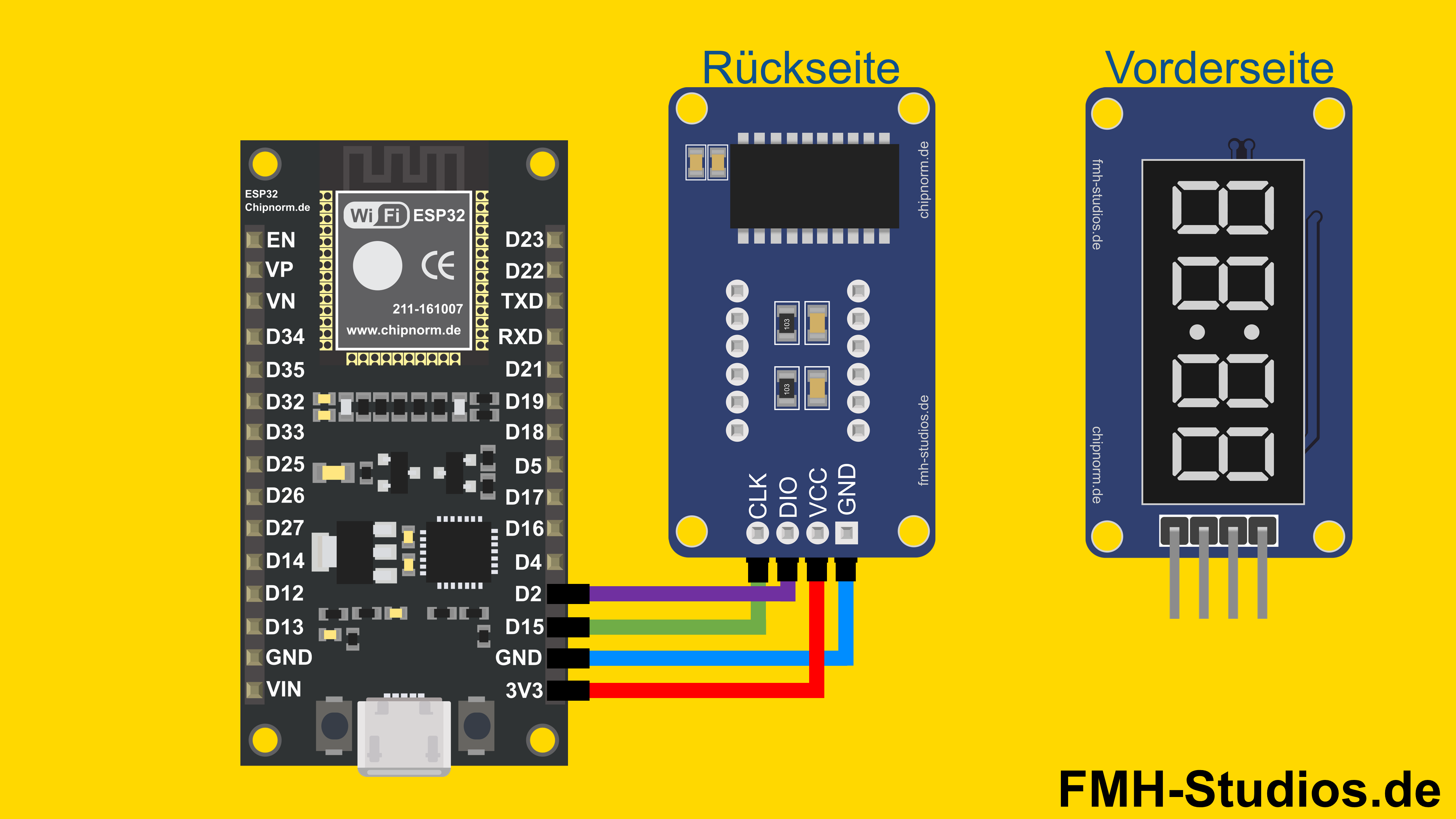 Mikrocontroller - ESP32 - 4x7Segment-Modul TM1637 - Tutorial - 7 Segment - 4 digit display - 7-Segment-Anzeige - Vierstelliges Display - Sieben-Segment-Anzeige - LED-Display - TM1637-Controller - Display-Modul - Ziffernanzeige - Hardware Aufbau - Verkabelung - Schaltungsaufbau - Bauteile - Verdrahtung - Schaltplan - Anschlussplan