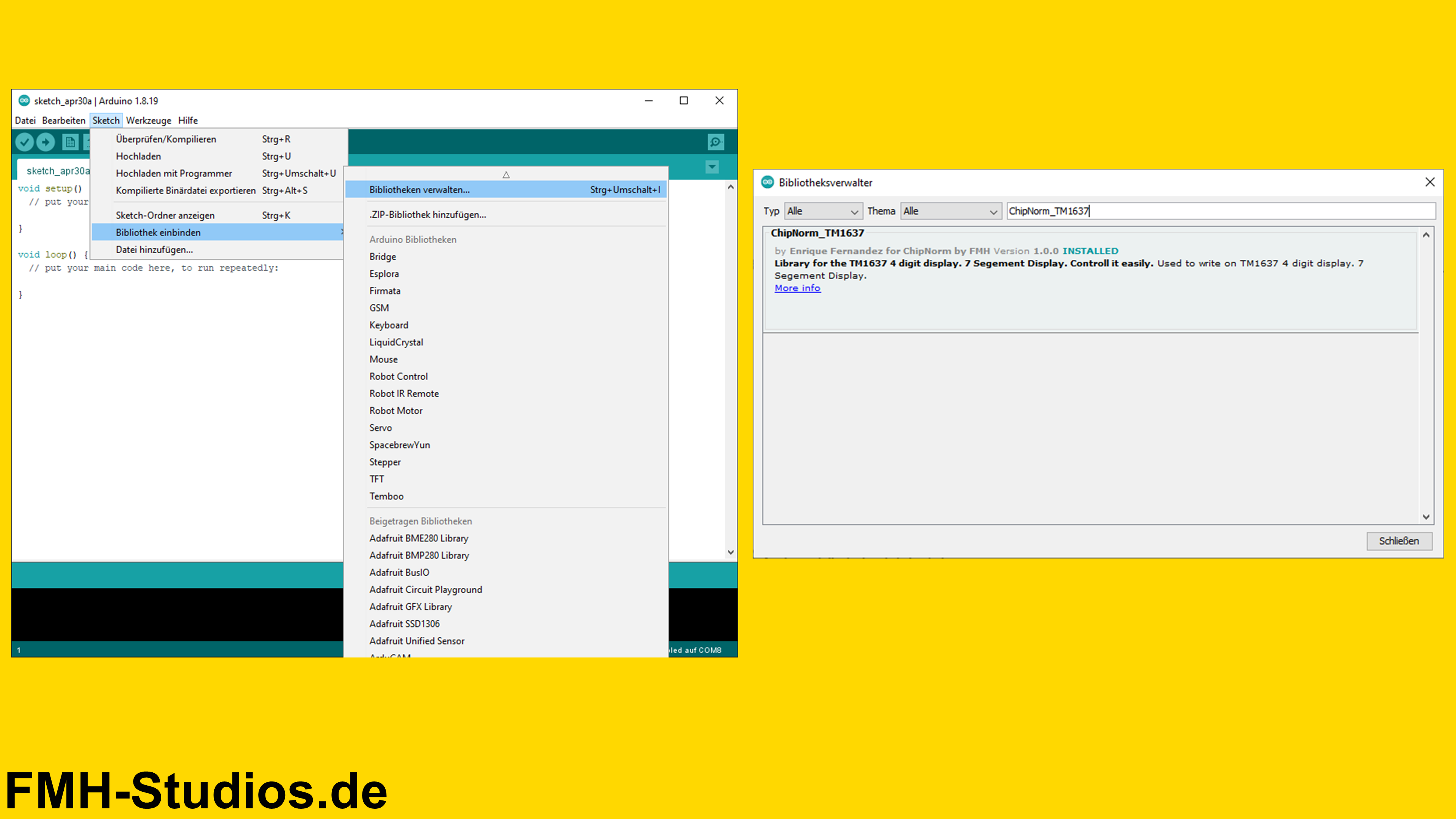 Mikrocontroller - ESP32 - 4x7Segment-Modul TM1637 - Tutorial - 7 Segment - 4 digit display - 7-Segment-Anzeige - Vierstelliges Display - Sieben-Segment-Anzeige - LED-Display - TM1637-Controller - Display-Modul - Ziffernanzeige - Bibliotheken - library - Arduino IDE - ChipNorm_TM1637 - Bibliotheken-Manager - Sketch