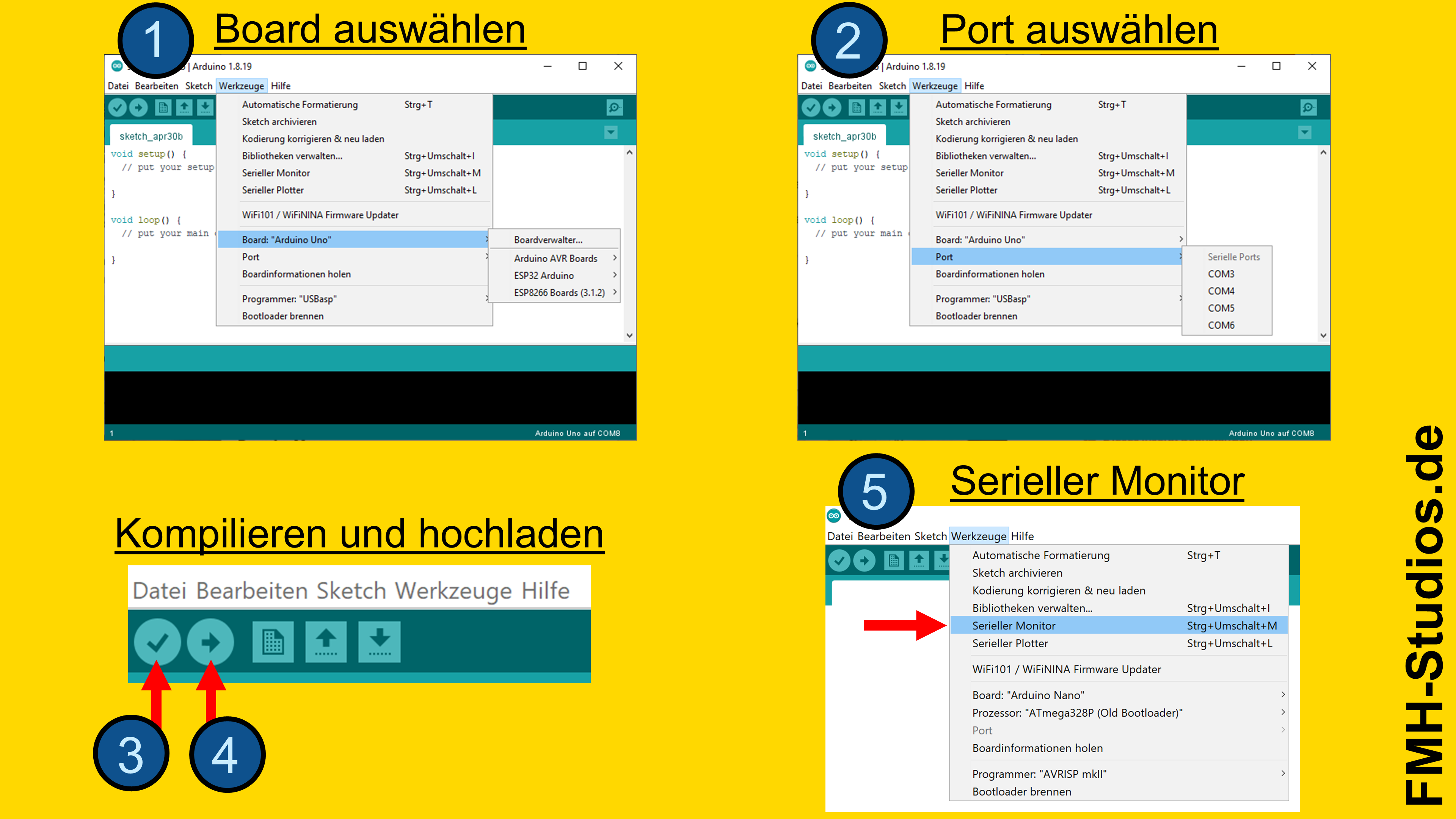 Mikrocontroller - ESP32 - 4x7Segment-Modul TM1637 - Tutorial - 7 Segment - 4 digit display - 7-Segment-Anzeige - Vierstelliges Display - Sieben-Segment-Anzeige - LED-Display - TM1637-Controller - Display-Modul - Ziffernanzeige - Arduino IDE - kompilieren - hochladen - code - Upload - Code-Übertragung - Microcontroller flashen